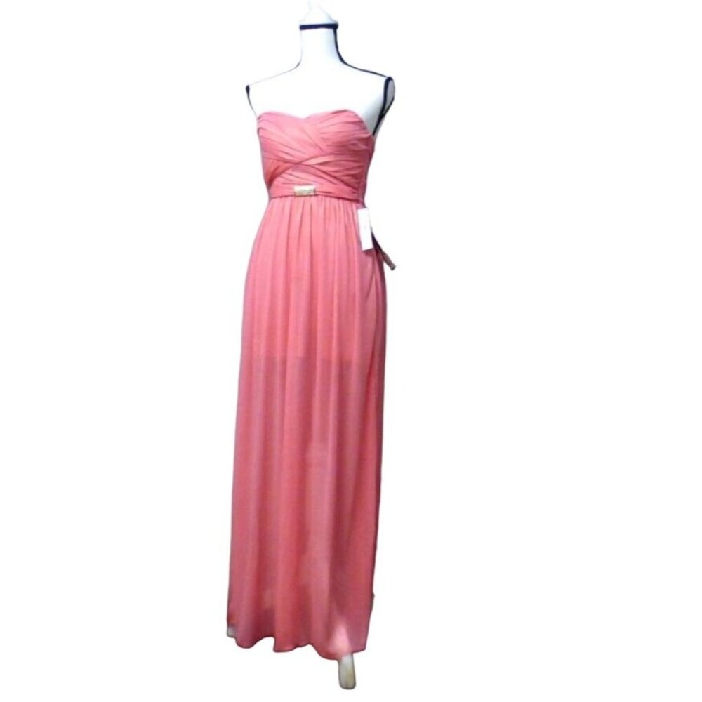 Teeze Me Junior’s Ruched Chiffon Sweetheart Gown, Guava Color, Size 3